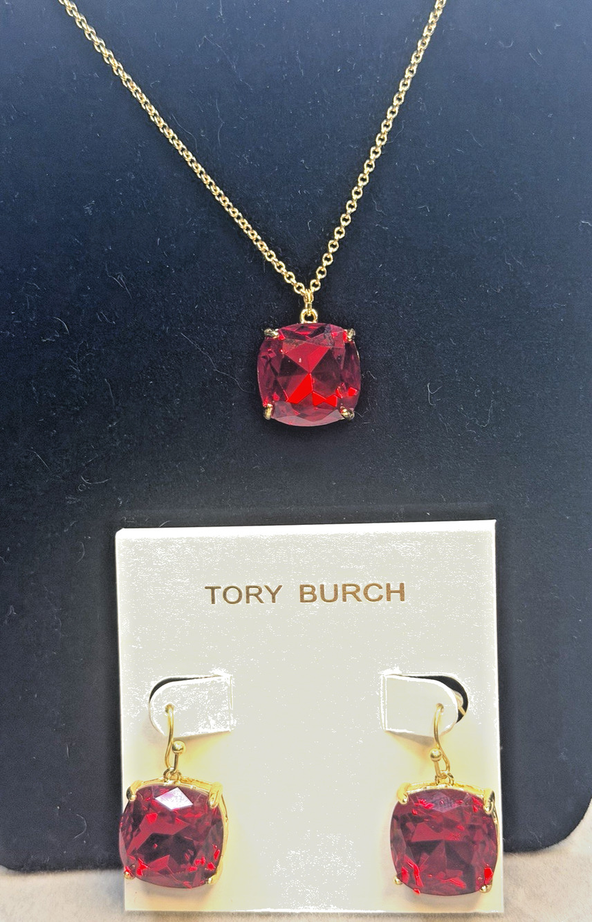 Tory Burch Red Crystal Earrings Necklace Set Gold Plated over Brass TB DustPouch